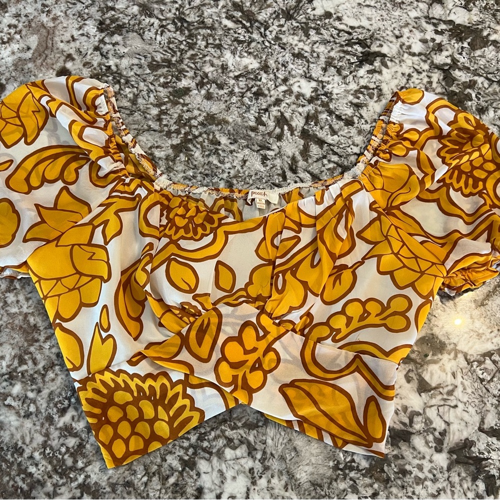 XL Peach Brand Yellow Mustard Tie Front Back Cropped Top Cami Blouse Shirt Blous